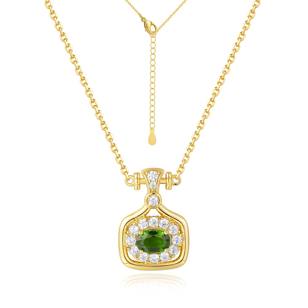 Gold Stainless Steel Necklace with Green Gemstone and Crystal Halo