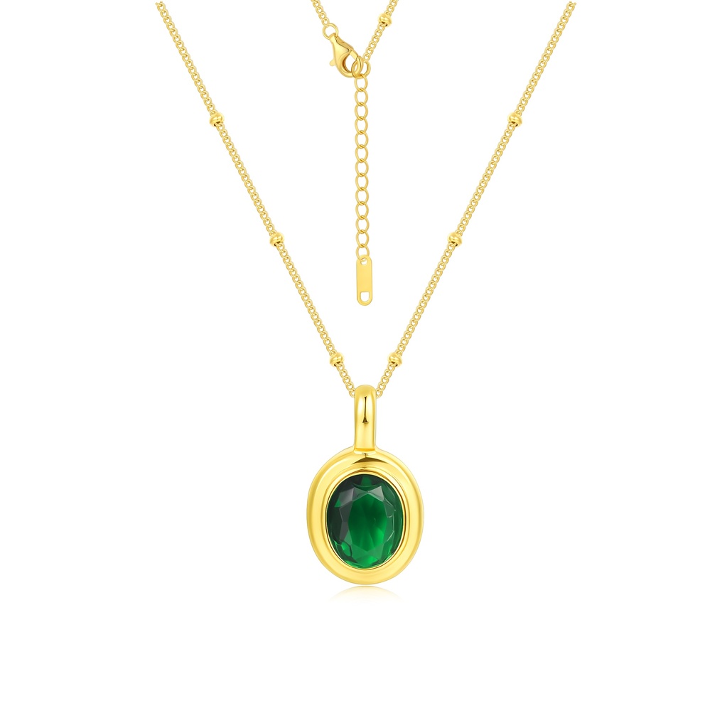 Gold Stainless Steel Necklace with Green Oval Crystal Pendant