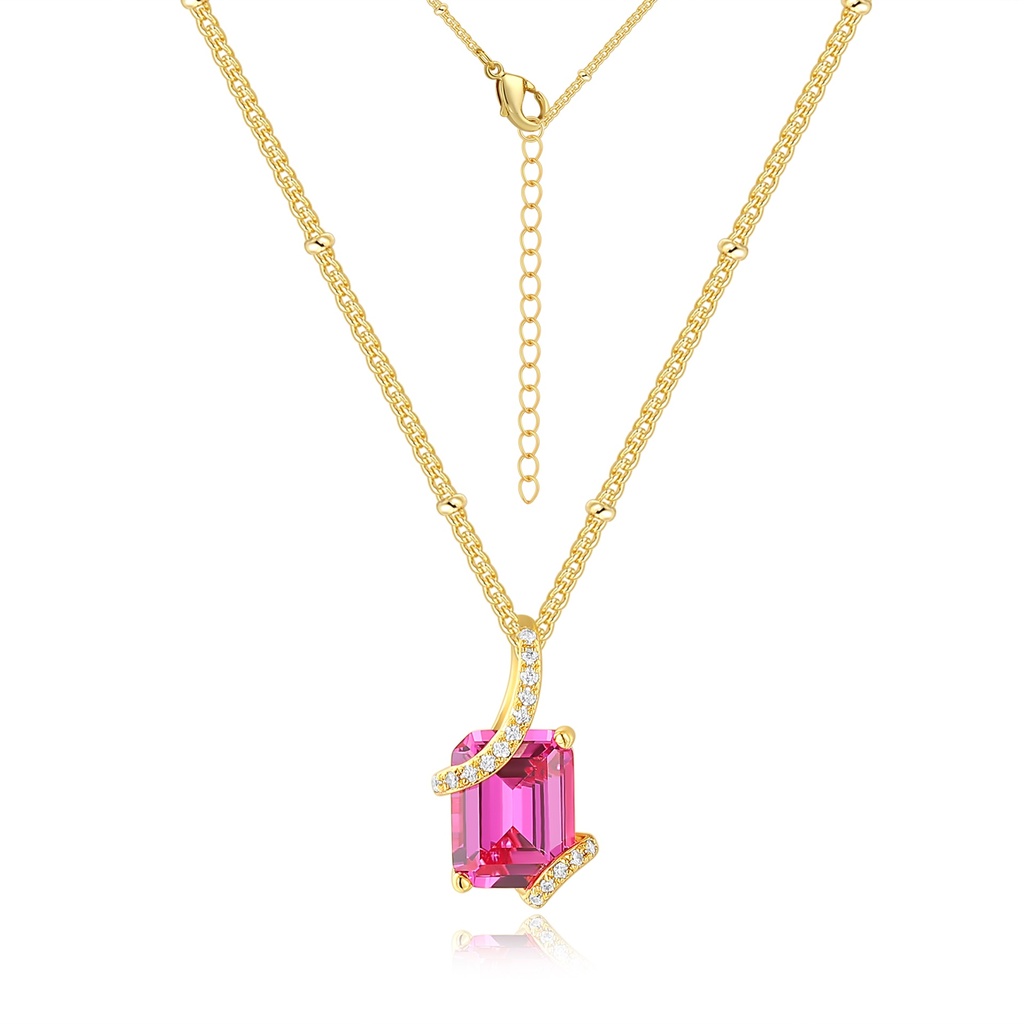 Gold Stainless Steel Necklace with Pink Gemstone and Pavé Accents