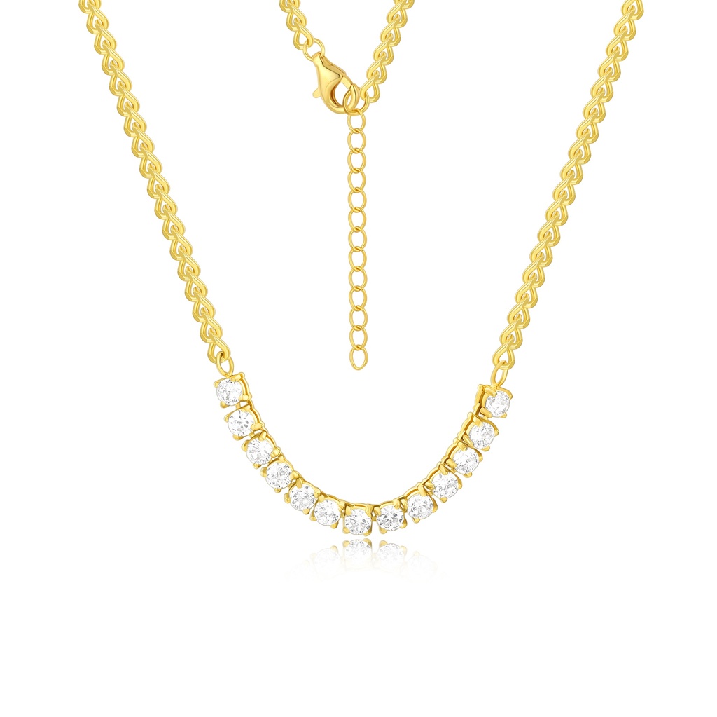 Gold Stainless Steel Necklace with Sparkling Curved Crystal Bar