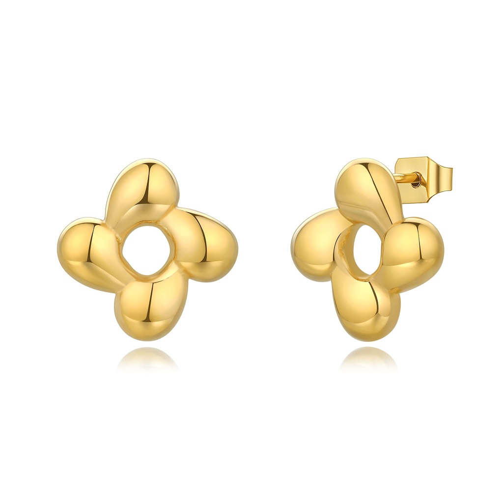 Gold Stainless Steel Puffy Flower Stud Earrings Modern Minimalist Design