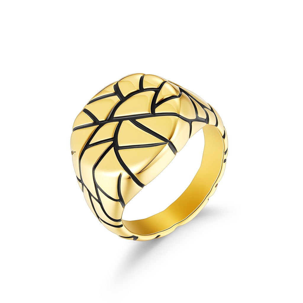 Gold Stainless Steel Ring with Bold Geometric Black Pattern