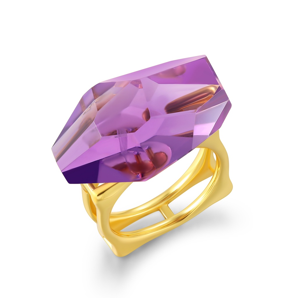 Gold Stainless Steel Ring with Faceted Purple Crystal Statement Stone