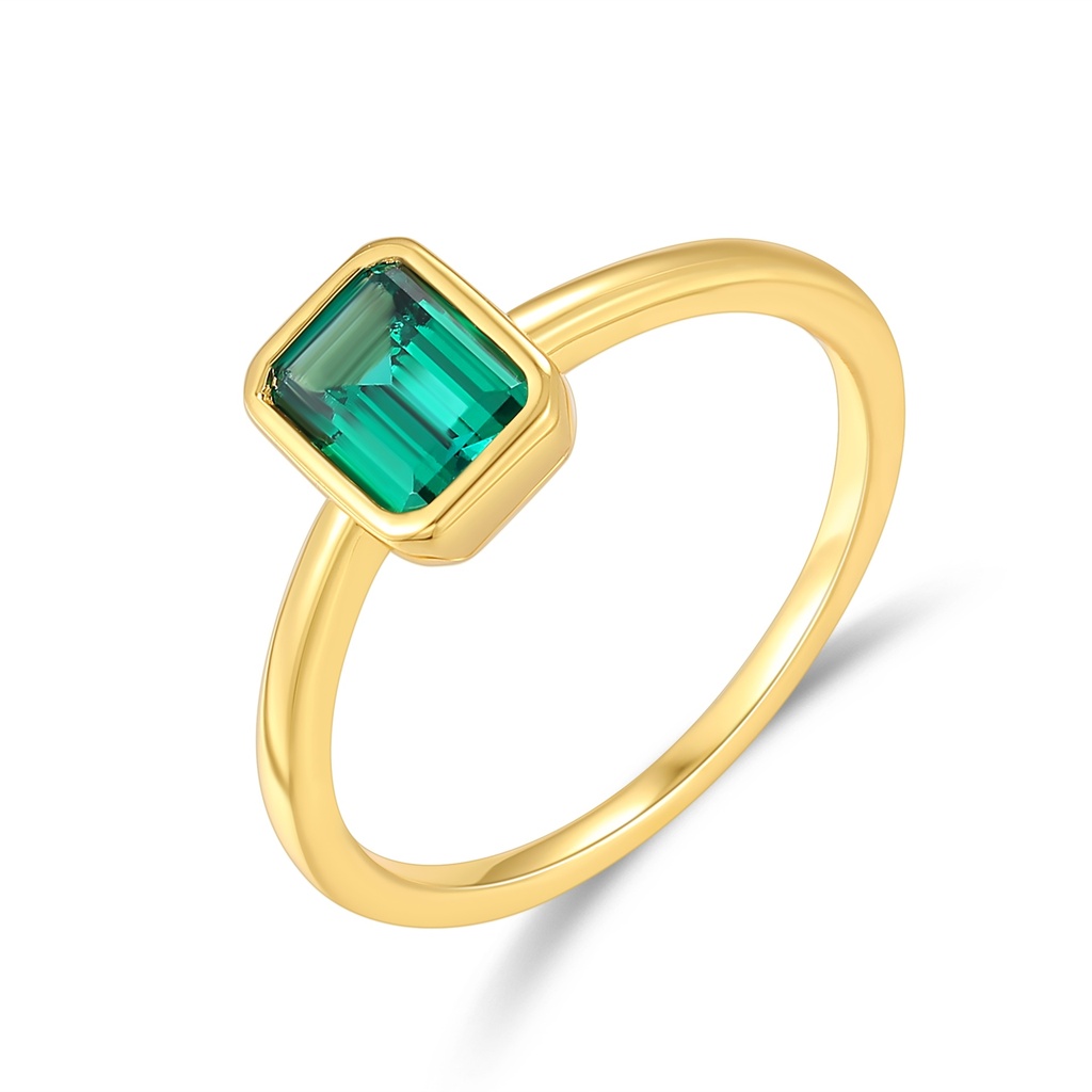 Gold Stainless Steel Ring with Green Emerald-Cut Square Gemstone