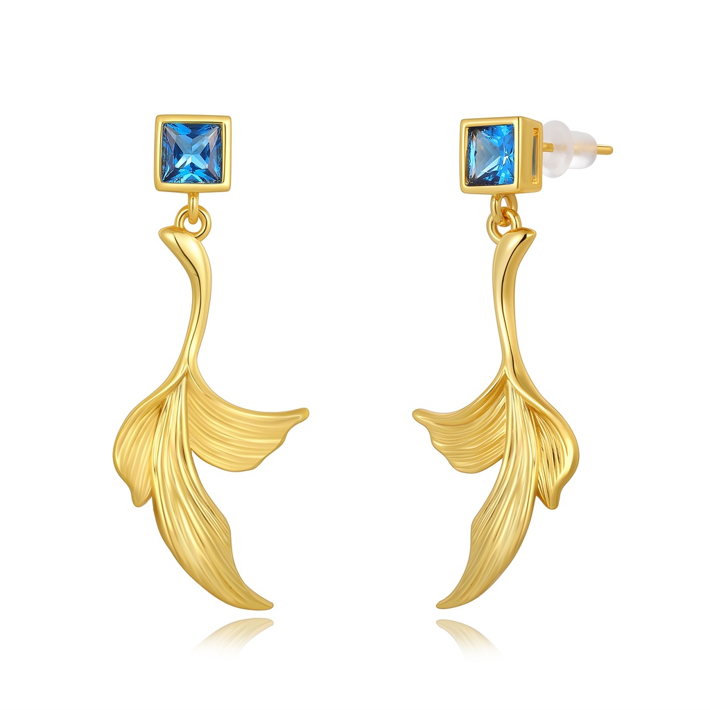 Blue square crystal earrings with gold leaf flowing drop design
