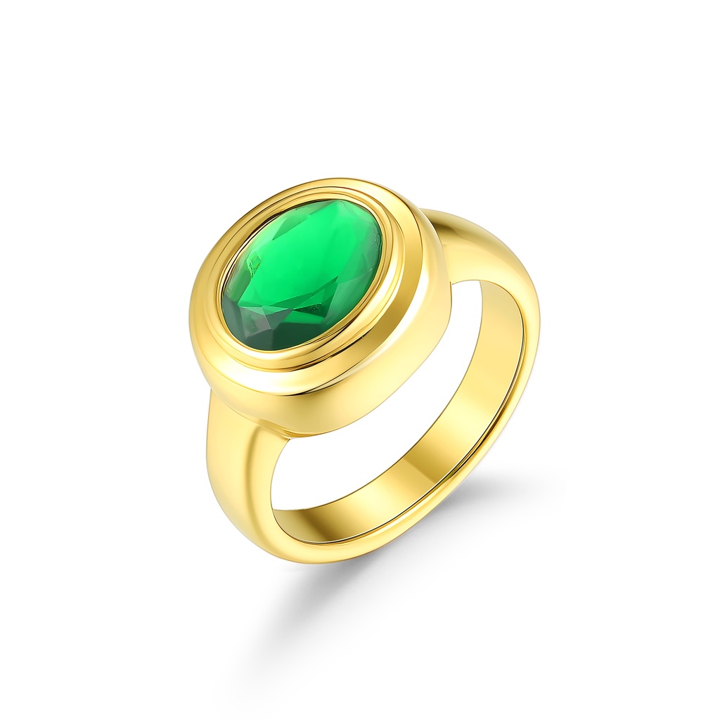 Gold Stainless Steel Ring with Oval Green Gemstone Accent