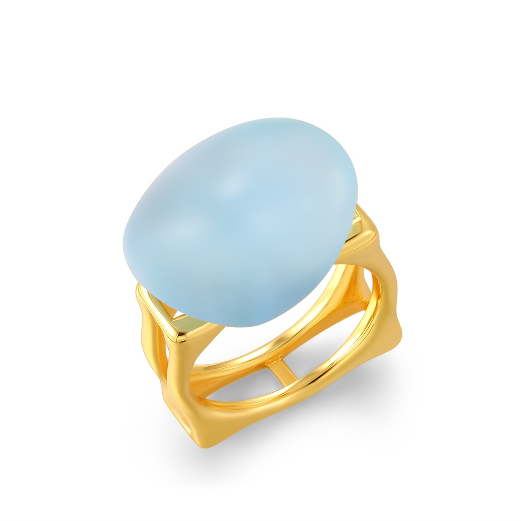 Gold Stainless Steel Ring with Smooth Oval Sky Blue Stone