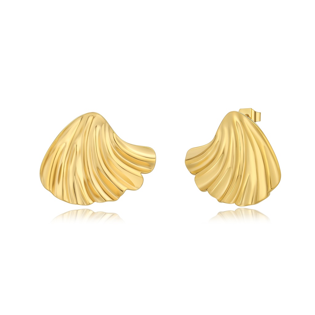 Gold Stainless Steel Shell Stud Earrings Ocean-Inspired Textured Design