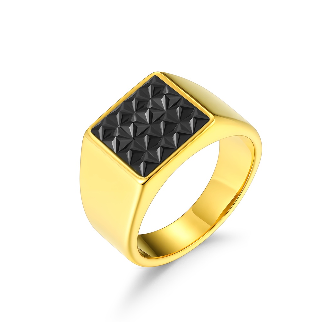 Gold Stainless Steel Signet Ring with Black Geometric Detailing