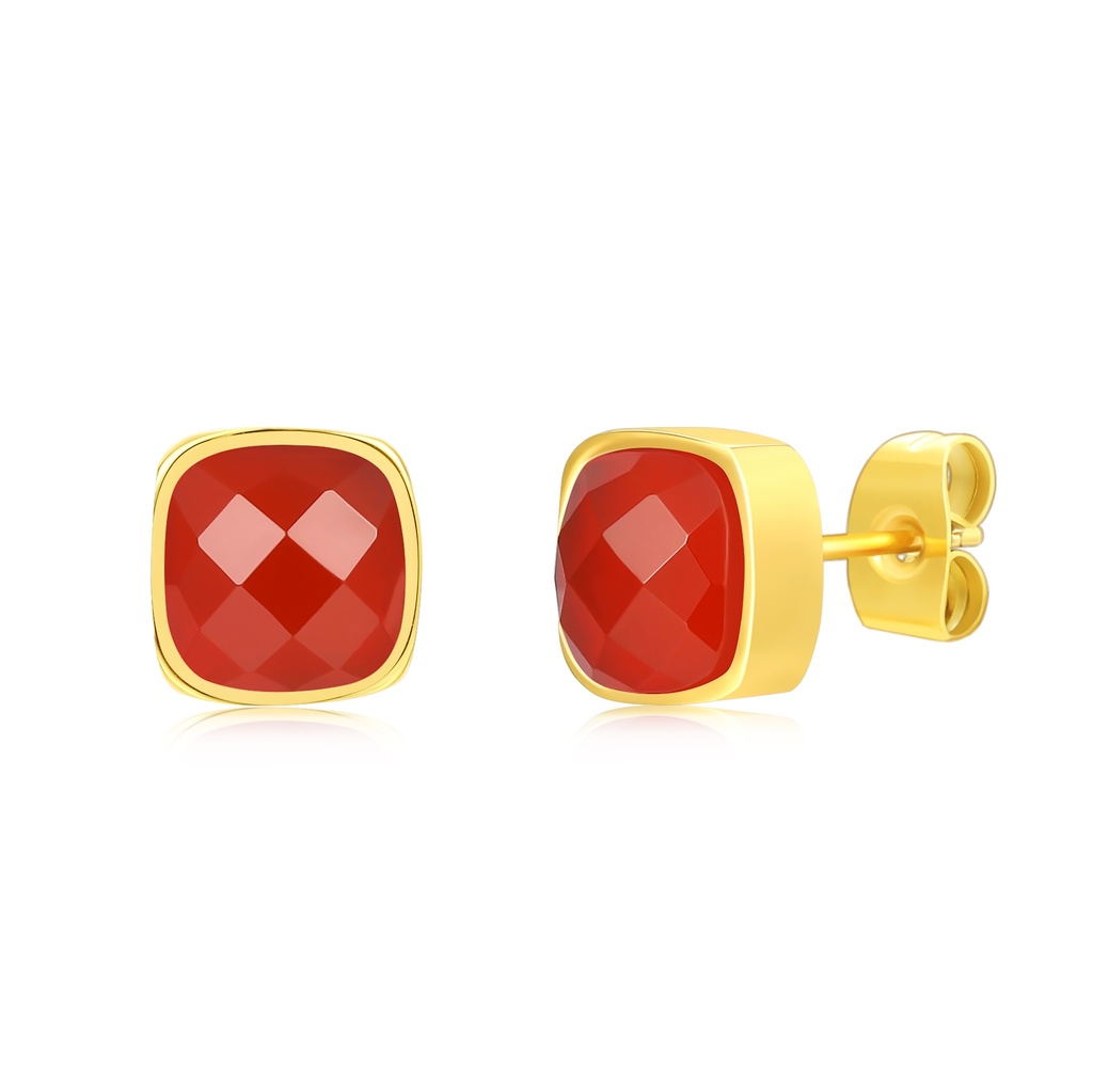 Gold Stainless Steel Stud Earrings with Faceted Red Gemstone