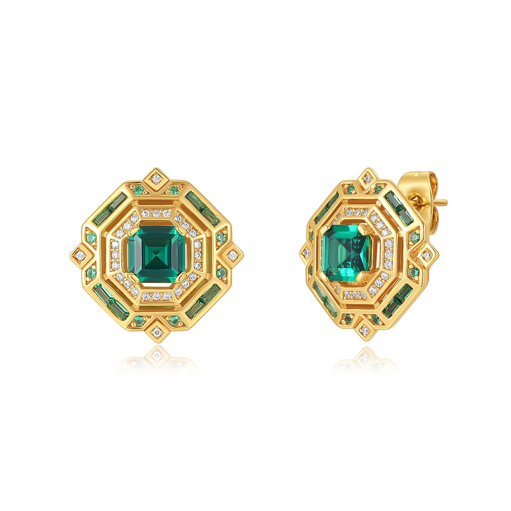 Gold Stainless Steel Stud Earrings with Green Geometric Gemstones