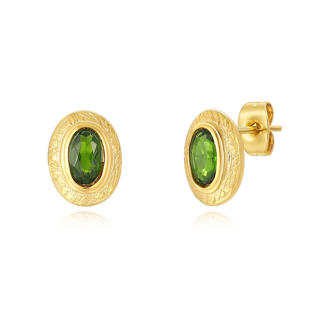 Gold Stainless Steel Stud Earrings with Green Oval Gemstones