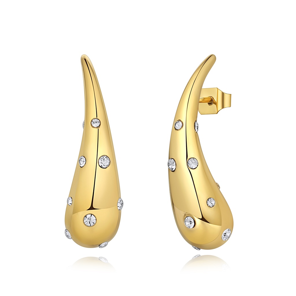 Gold Stainless Steel Teardrop Earrings with Sparkling Crystal Accents