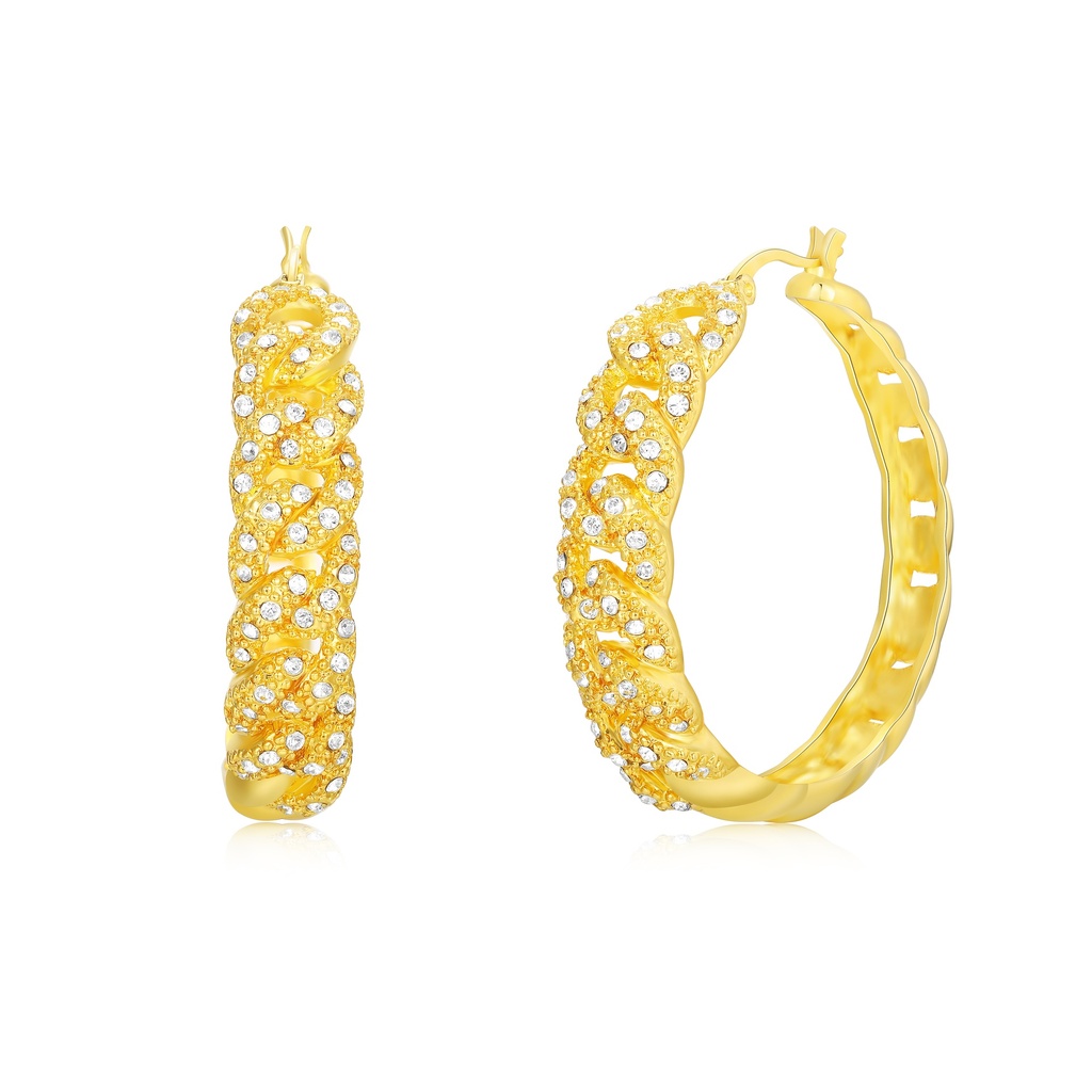 Gold Stainless Steel Twisted Hoop Earrings with Sparkling Crystal Accents