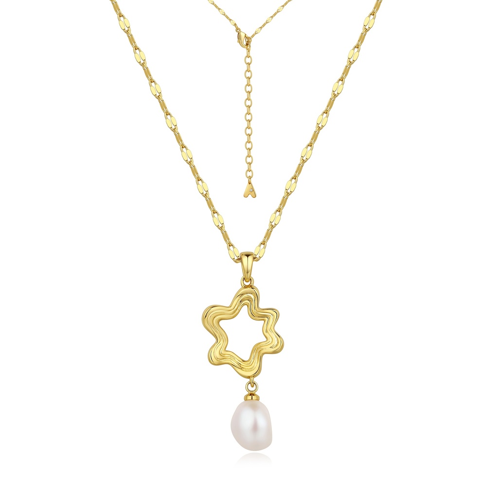 Gold Star Outline Pendant with Dangling Pearl Charm