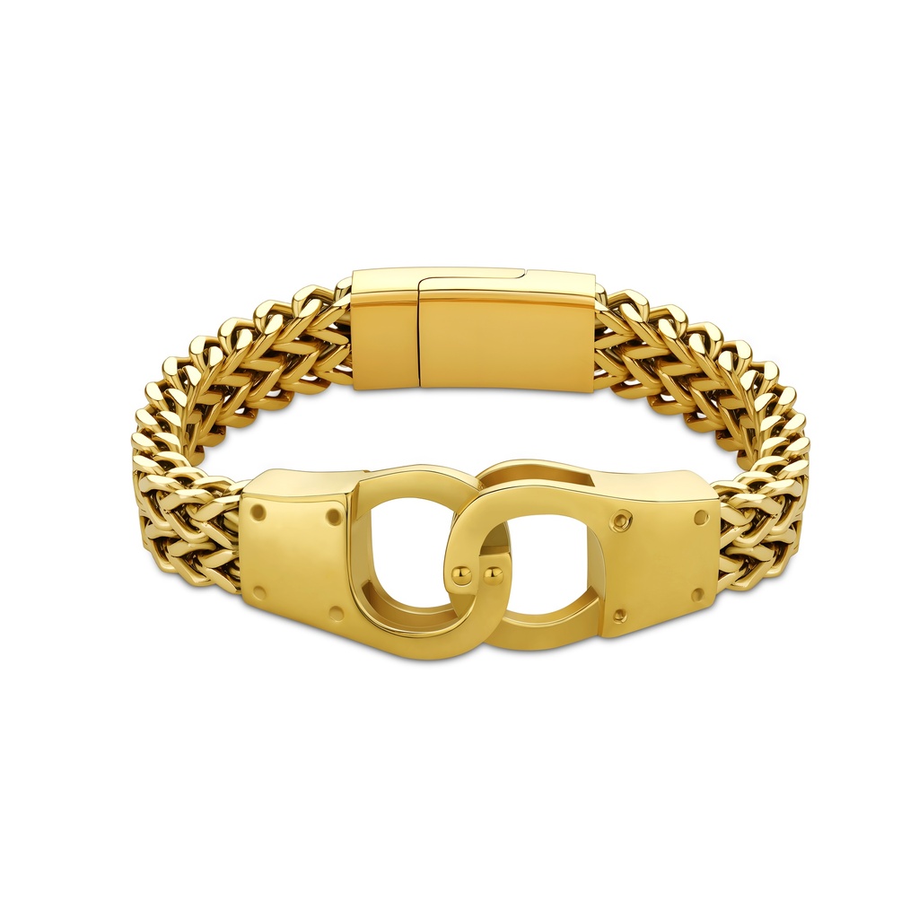 Gold Steel Men’s Bracelet with Mechanical Double-Link Lock Design