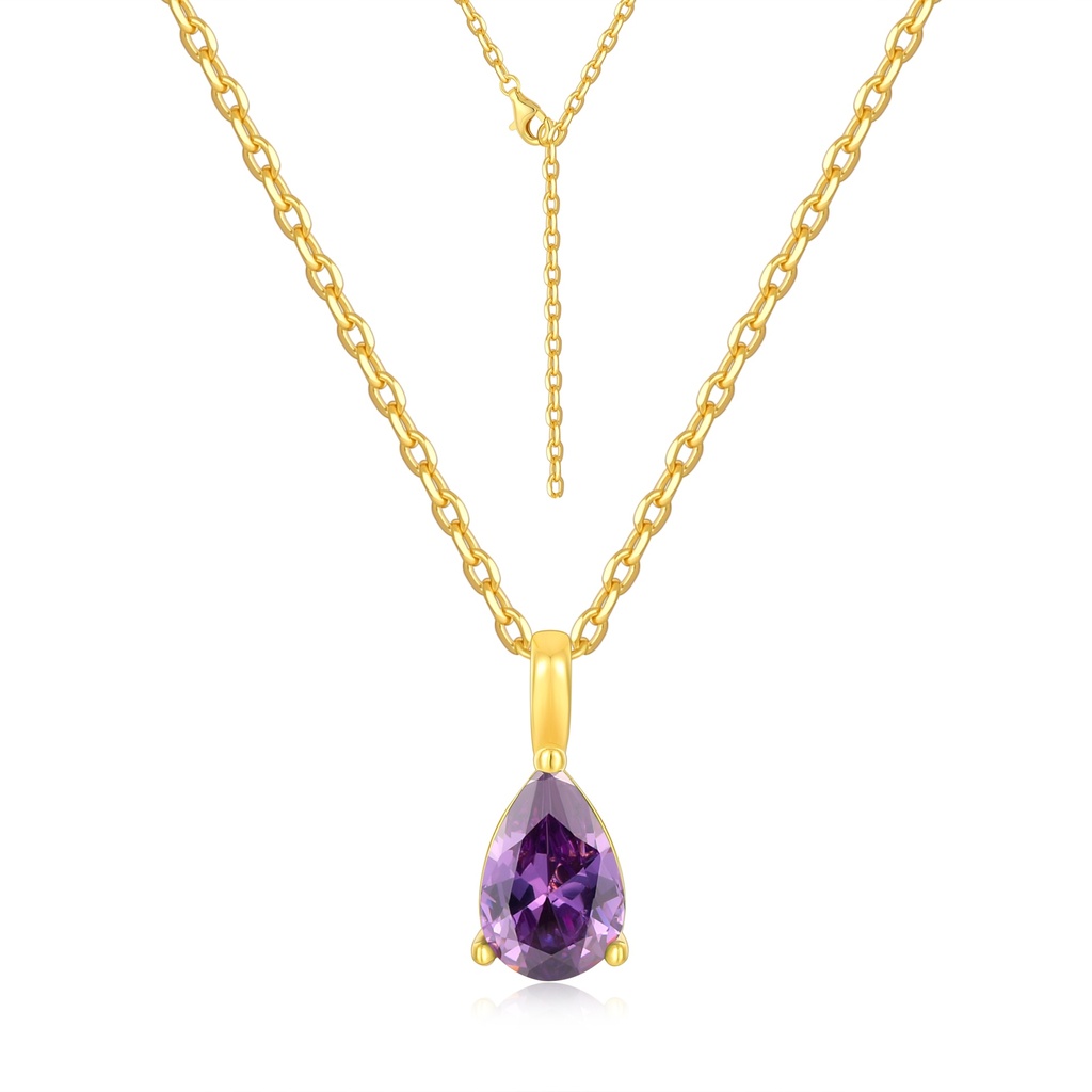 Gold Teardrop Necklace With Purple Gemstone Pendant Stainless Steel