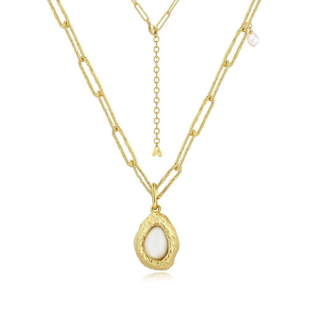 Gold Textured Pendant Necklace with Oval Pearl and Layered Chain