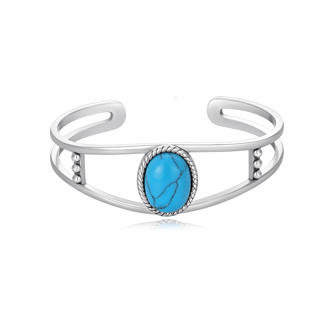 Boho Silver Cuff Bracelet with Oval Turquoise Accent