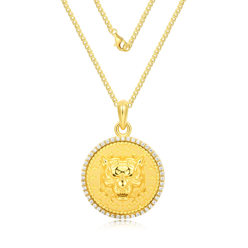 Gold Tiger Medallion Pendant with Sparkling Zircon Border Necklace