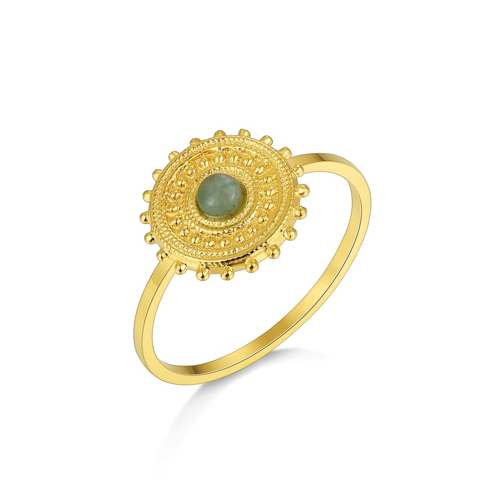Gold Vintage Inspired Ring with Green Stone and Ornate Design