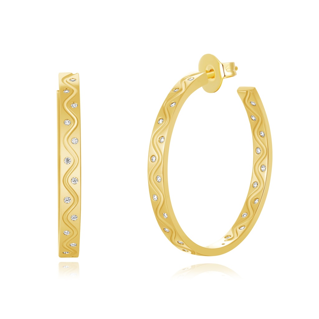 Gold Wave Pattern Hoop Earrings with Sparkling CZ Accents