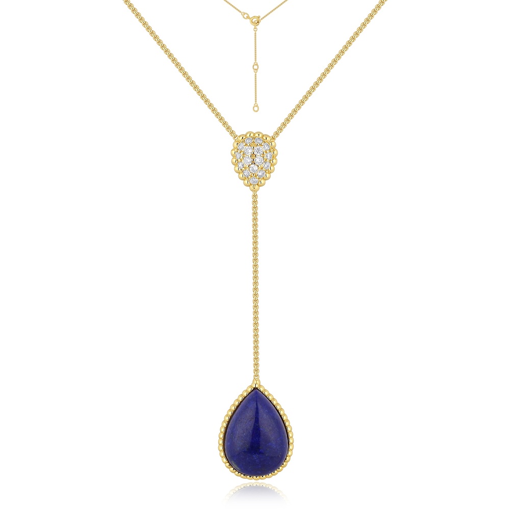 Gold Y-necklace with lapis teardrop and crystal heart detail