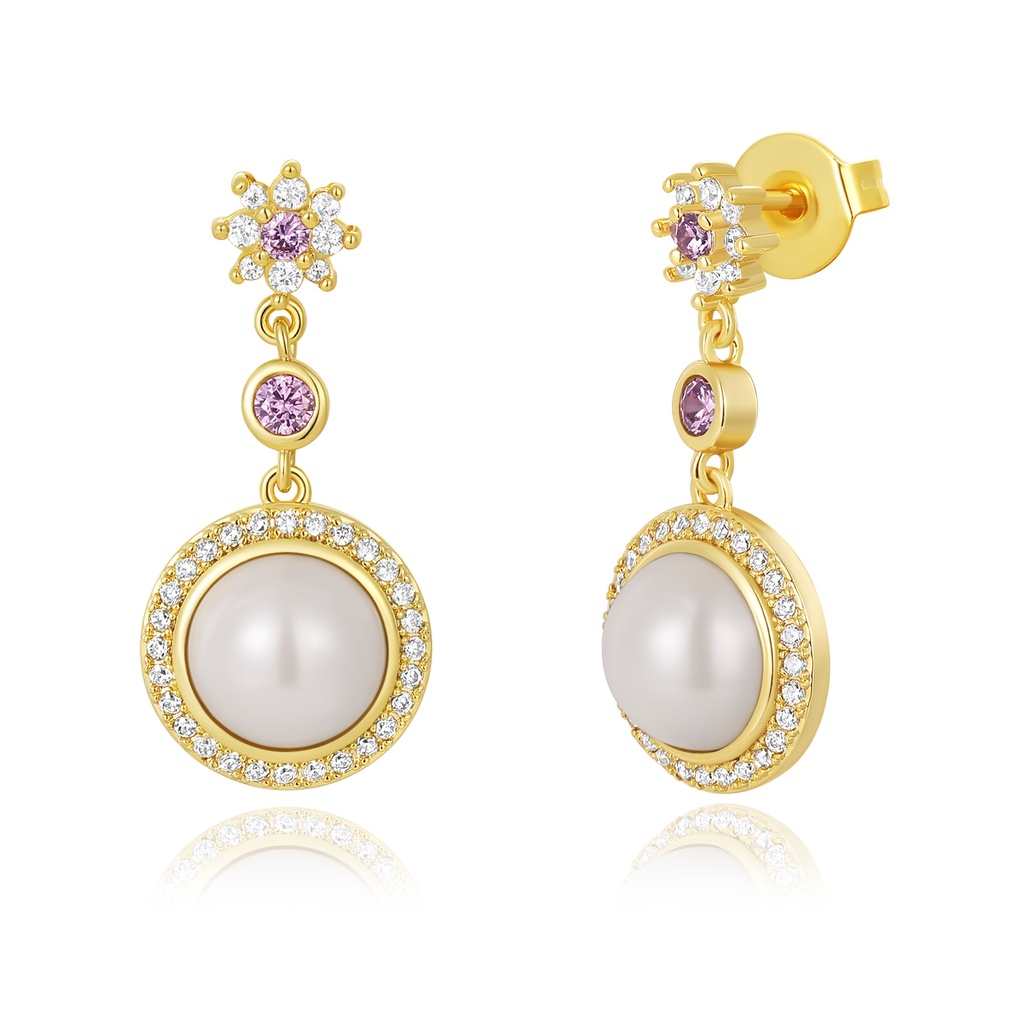Gold and Pearl Drop Earrings with Purple Accents