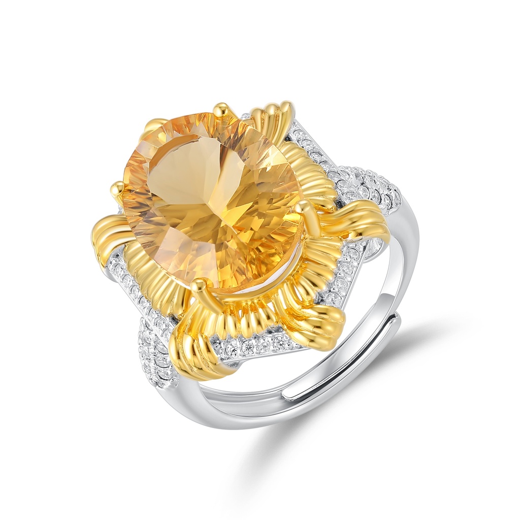 Gold and Silver Stainless Steel Ring with Large Yellow Gemstone