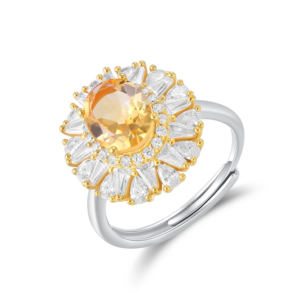 Gold and Silver Stainless Steel Ring with Yellow Gemstone Halo