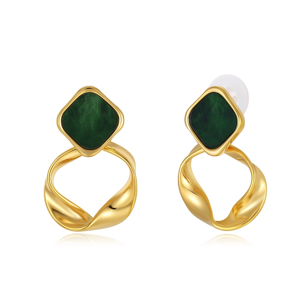 Gold earrings with green stone and twisted abstract drop design