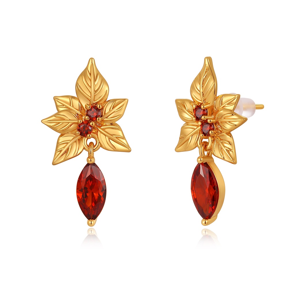 Gold leaf floral earrings with brilliant red crystal drop accent