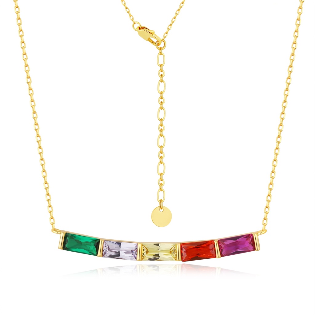 Gold necklace with rainbow baguette crystals in sleek bar design.