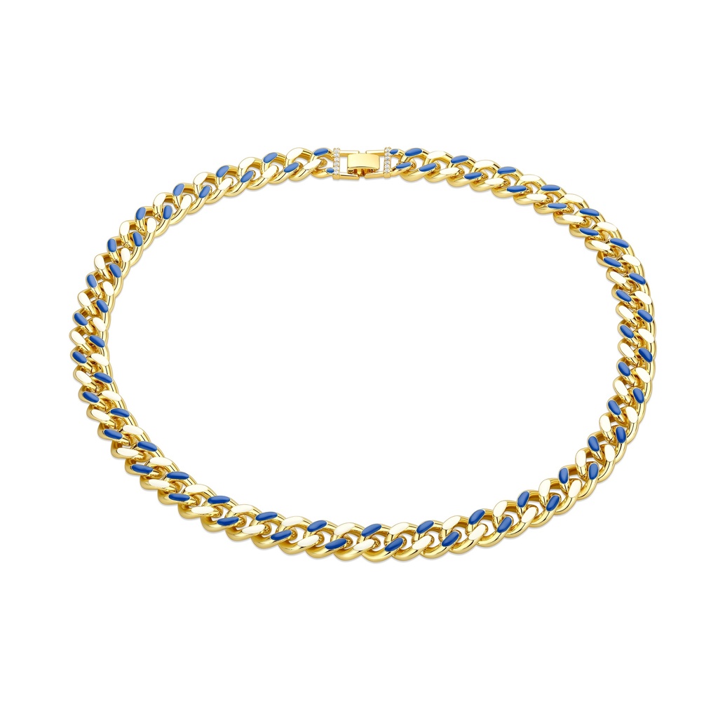 Gold-Plated Brass Chain Necklace with Blue Enamel Accents