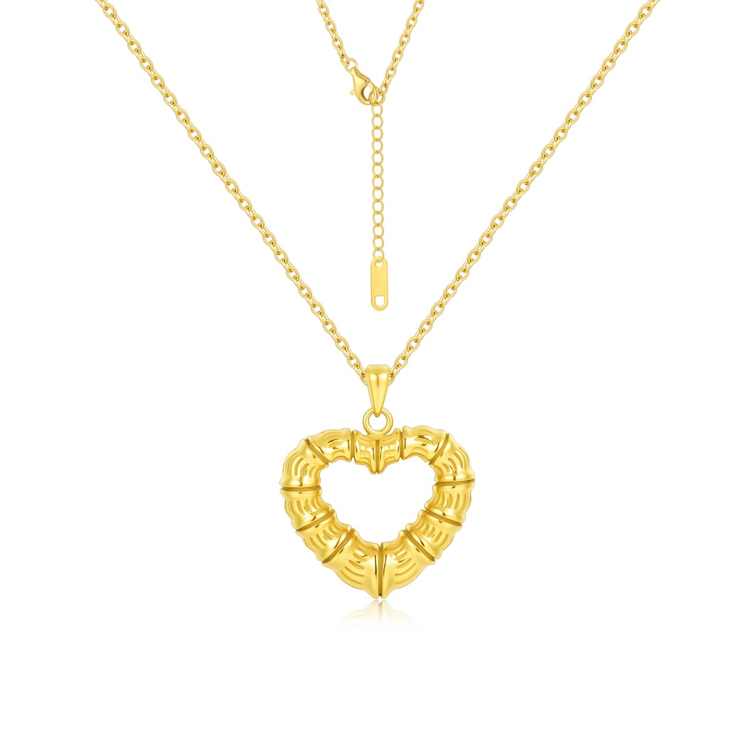 Bold Bamboo Heart Pendant Necklace in Polished Gold Finish