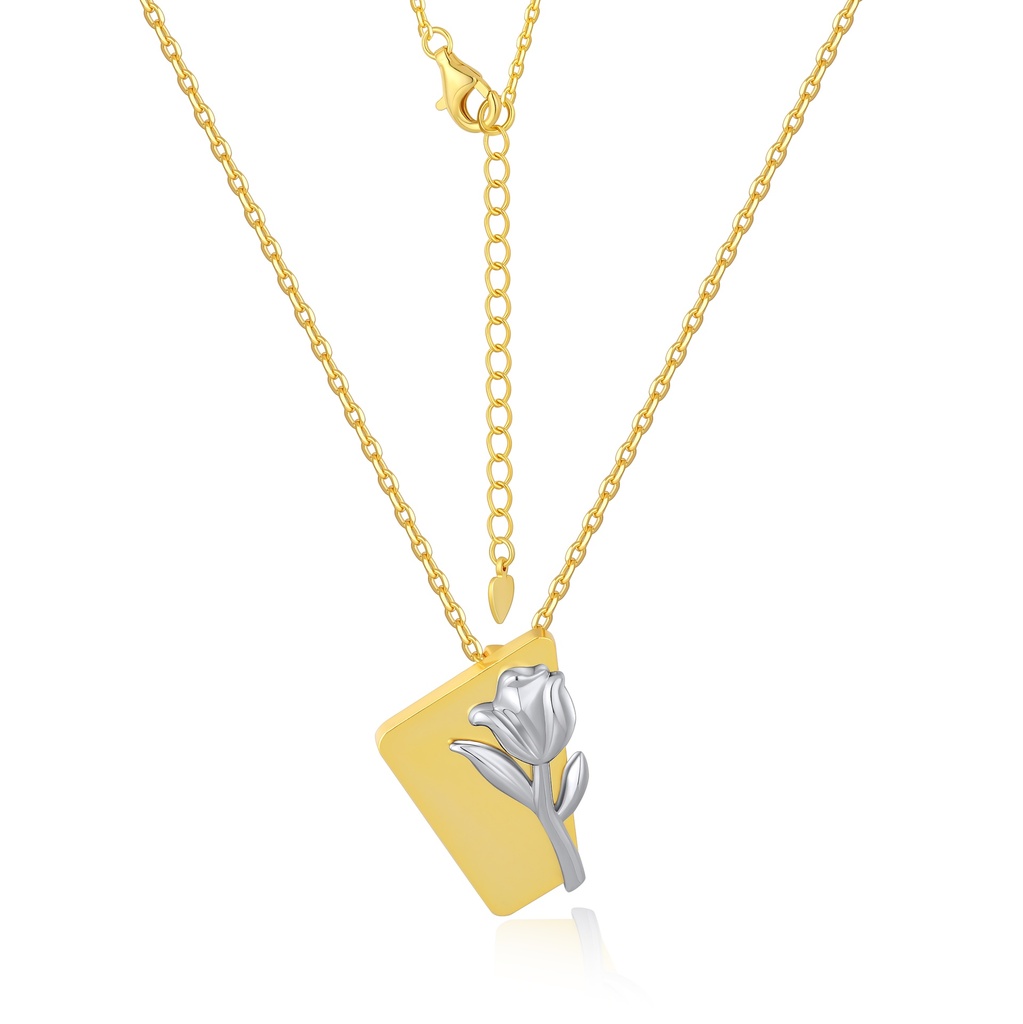 Gold-Plated Geometric Pendant Necklace with Silver Tulip Bloom