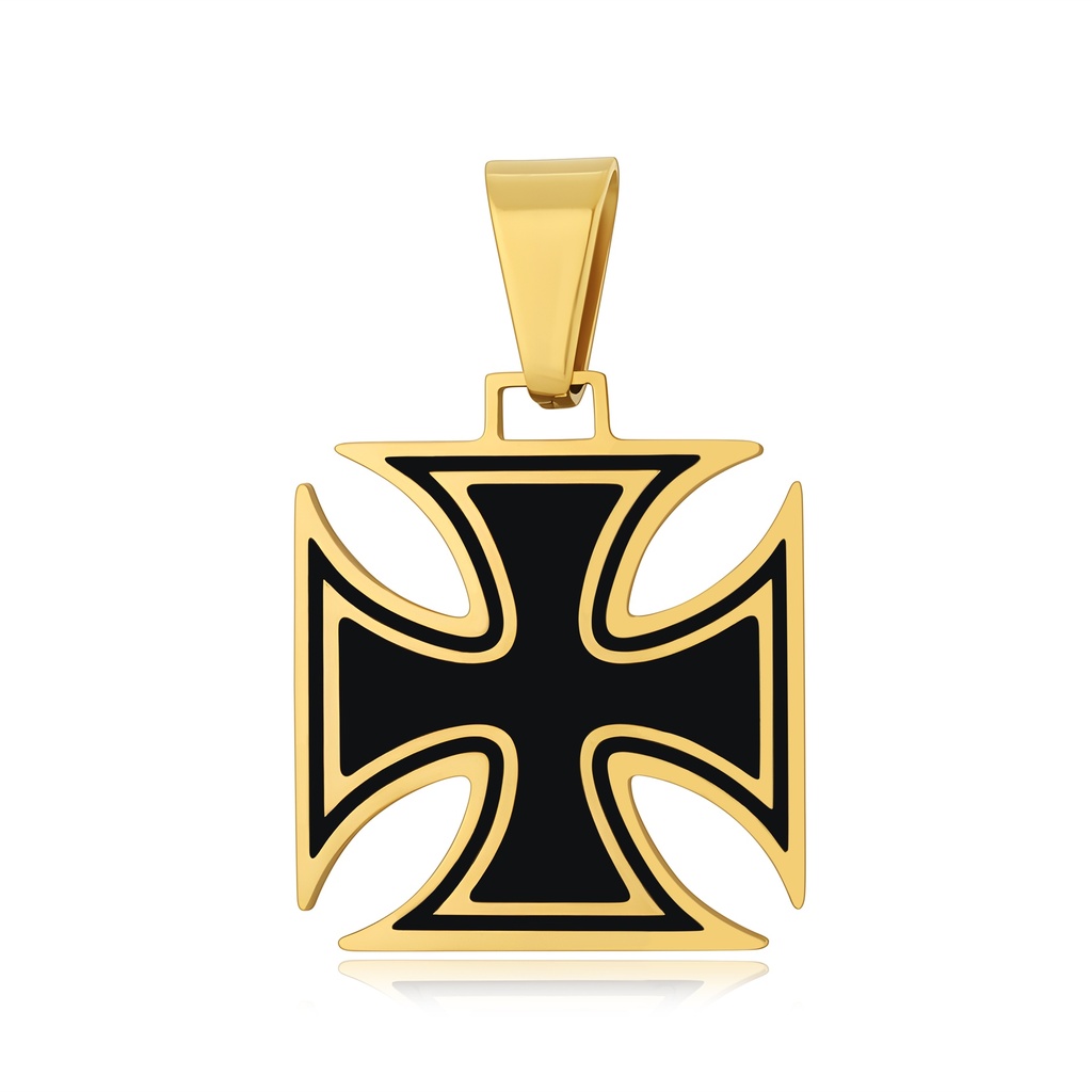 Gold-Plated Iron Cross Pendant, Black Enamel Stainless Steel Emblem
