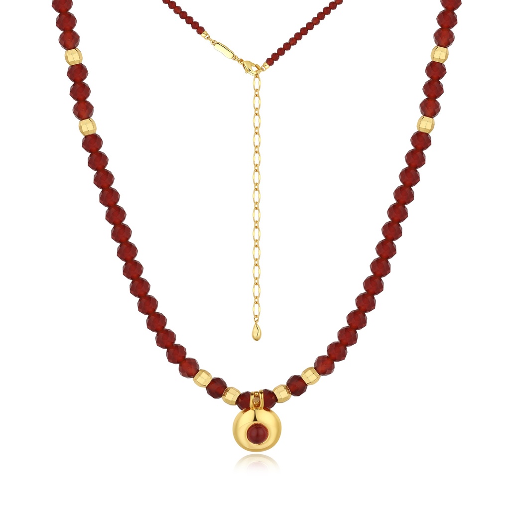 Gold-Plated Red Beaded Brass Necklace with Center Pendant