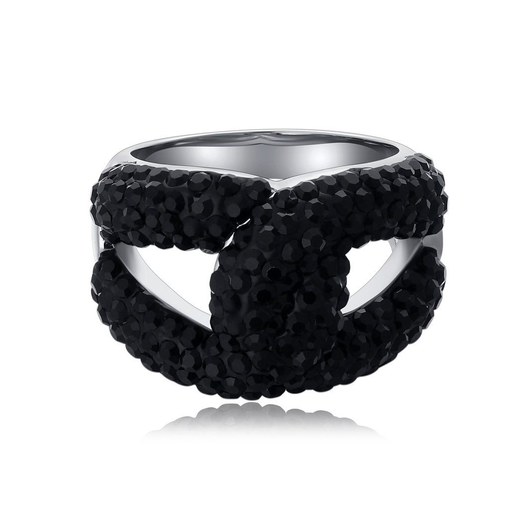 Bold Black Crystal Ring with Sculpted Openwork Stainless Steel Design