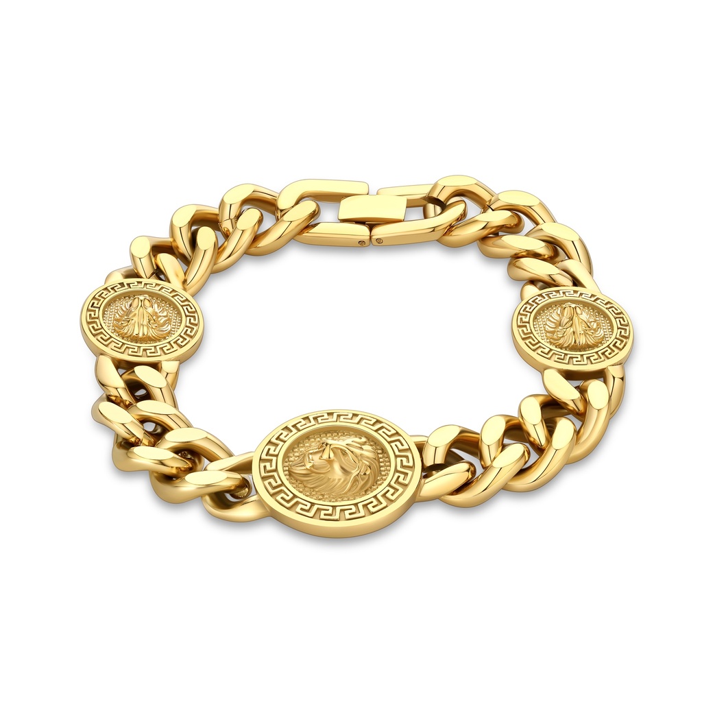 Gold-Plated Stainless Steel Chain Bracelet with Medusa Coin Accents