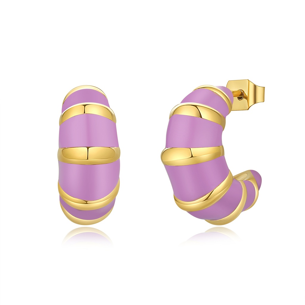 Gold-Plated Stainless Steel Lavender Enamel Bamboo Hoop Earrings