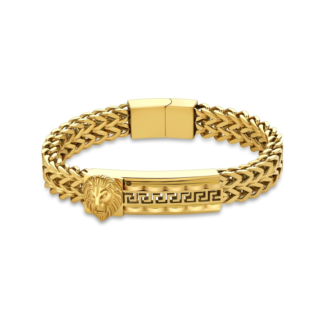 Gold-Plated Stainless Steel Lion Head Bracelet with Greek Key Detail
