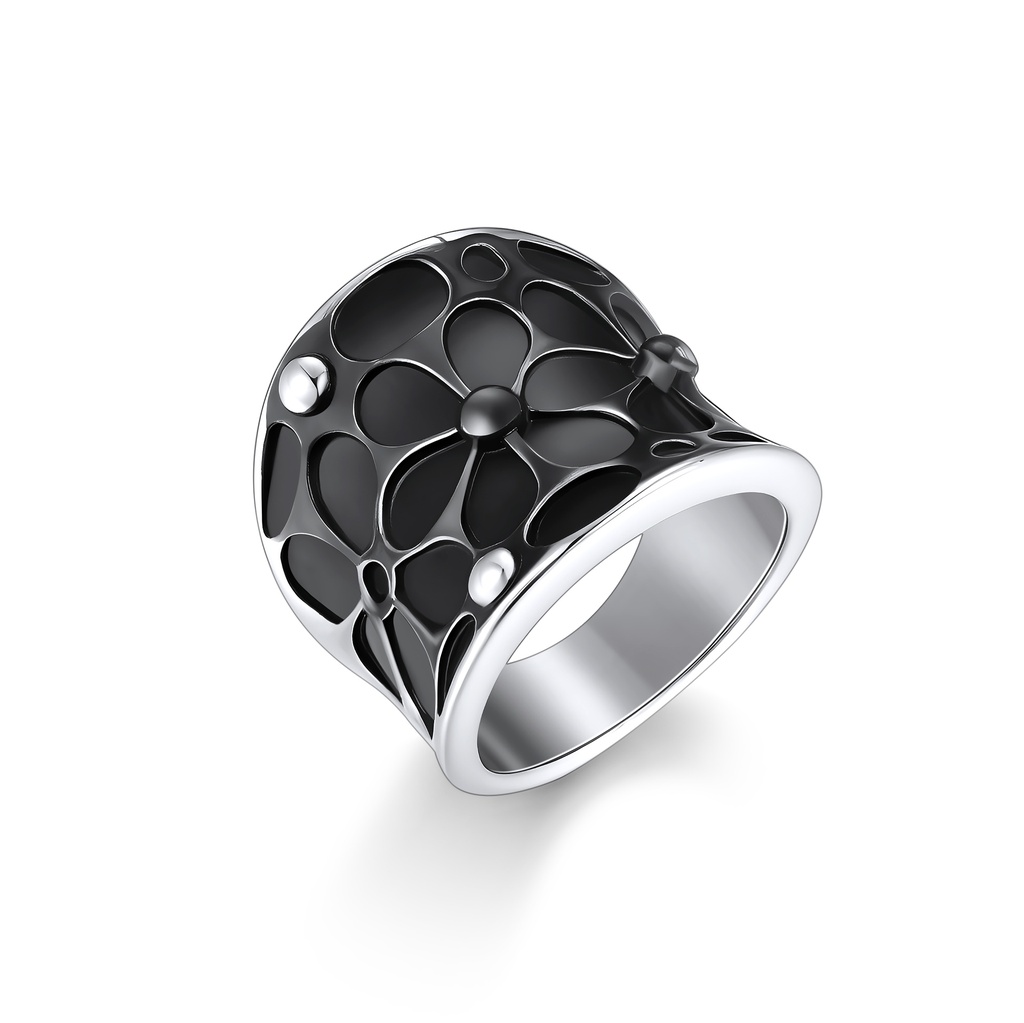 Bold Black Floral Stainless Steel Ring with Dome-Shaped Design