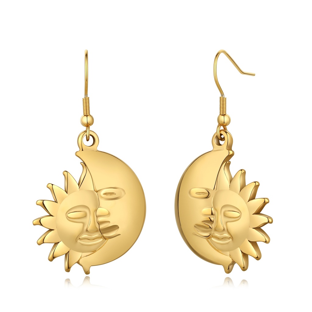 Gold-Plated Stainless Steel Sun and Moon Dangle Earrings