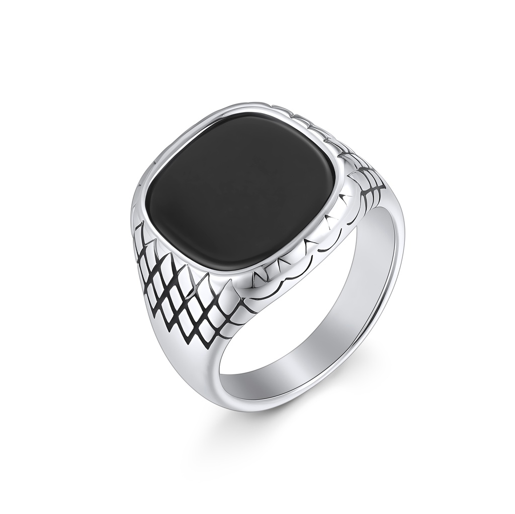 Bold Black Onyx Stainless Steel Ring with Engraved Scales