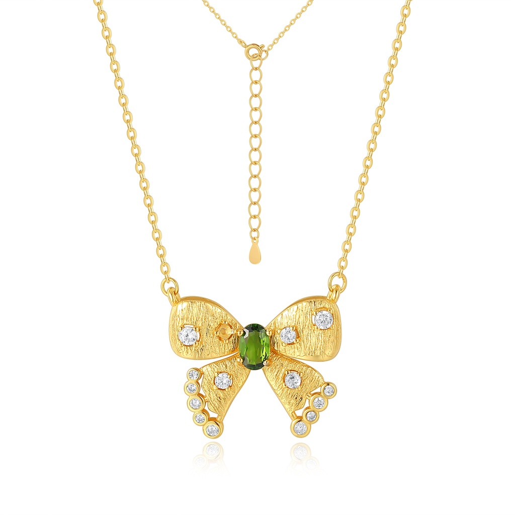 Gold-Tone Butterfly Pendant Necklace with Green CZ and Clear Accents