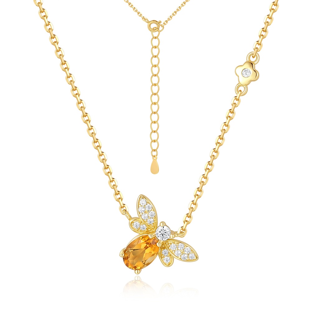 Gold-Tone Stainless Bee Necklace with Citrine CZ and Pavé Wings