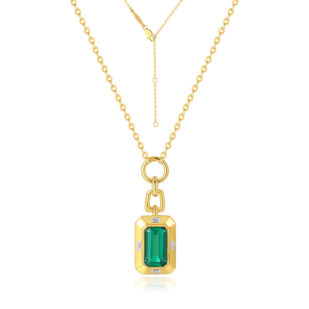 Gold-Tone Stainless Steel Necklace with Emerald-Cut Green Crystal Pendant