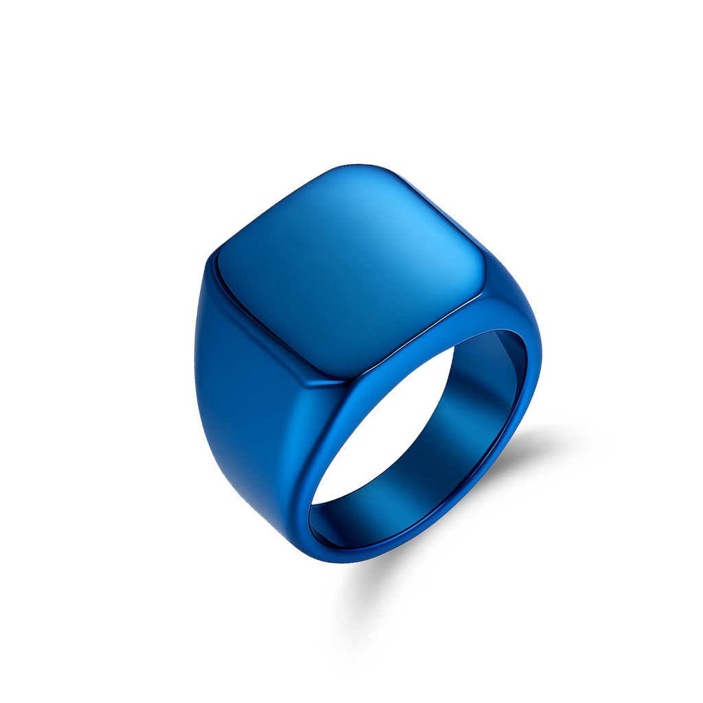 Bold Blue Stainless Steel Signet Ring Modern Statement Fashion Piece