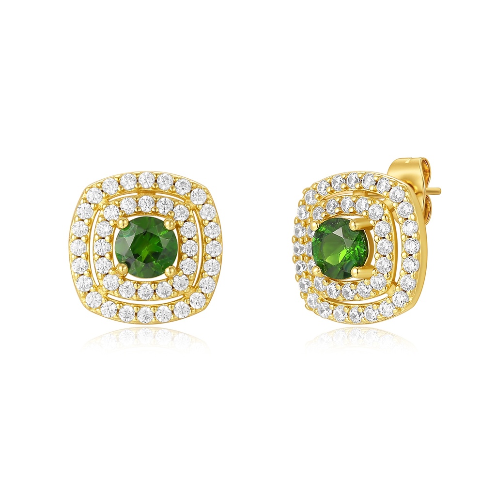 Gold-Tone Stainless Steel Stud Earrings with Green and Clear Crystals